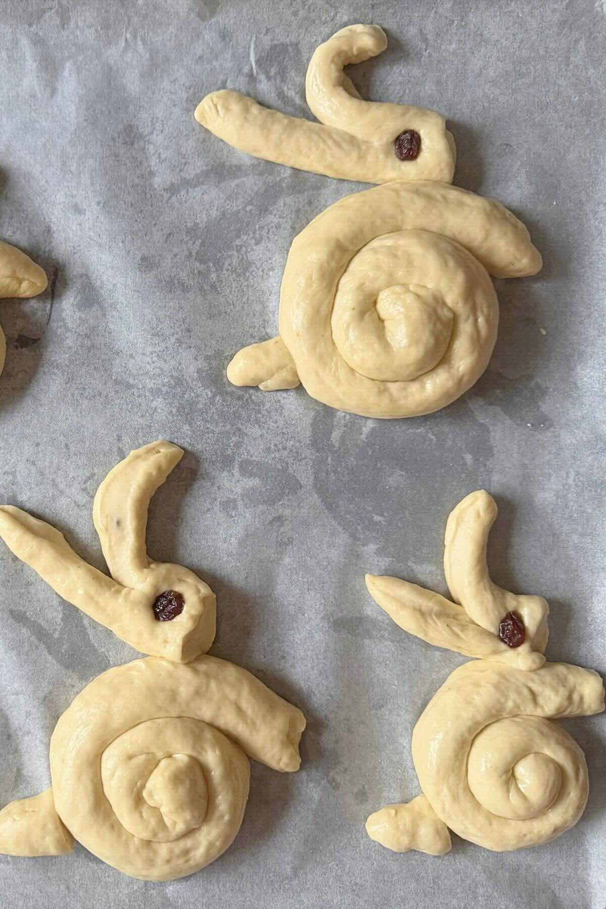 Shaped bunnies placed on baking tray, ready to rest and rise.