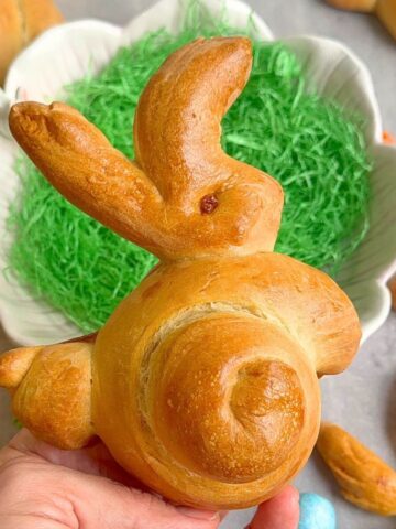 Golden Easter brioche bunnies made with soft challah dough.