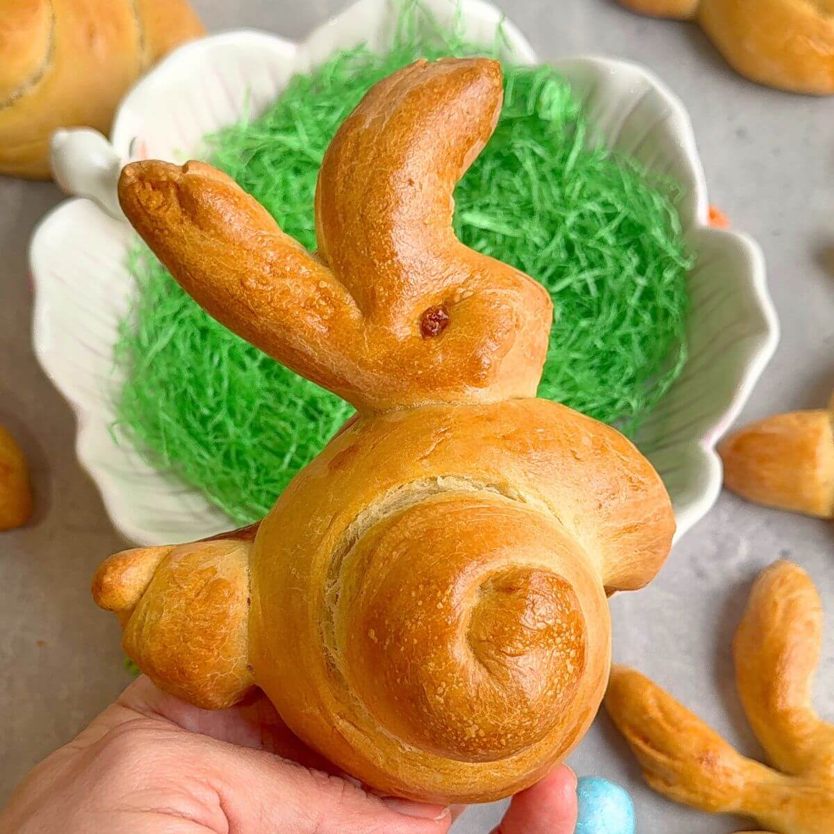 Golden Easter brioche bunnies made with soft challah dough.