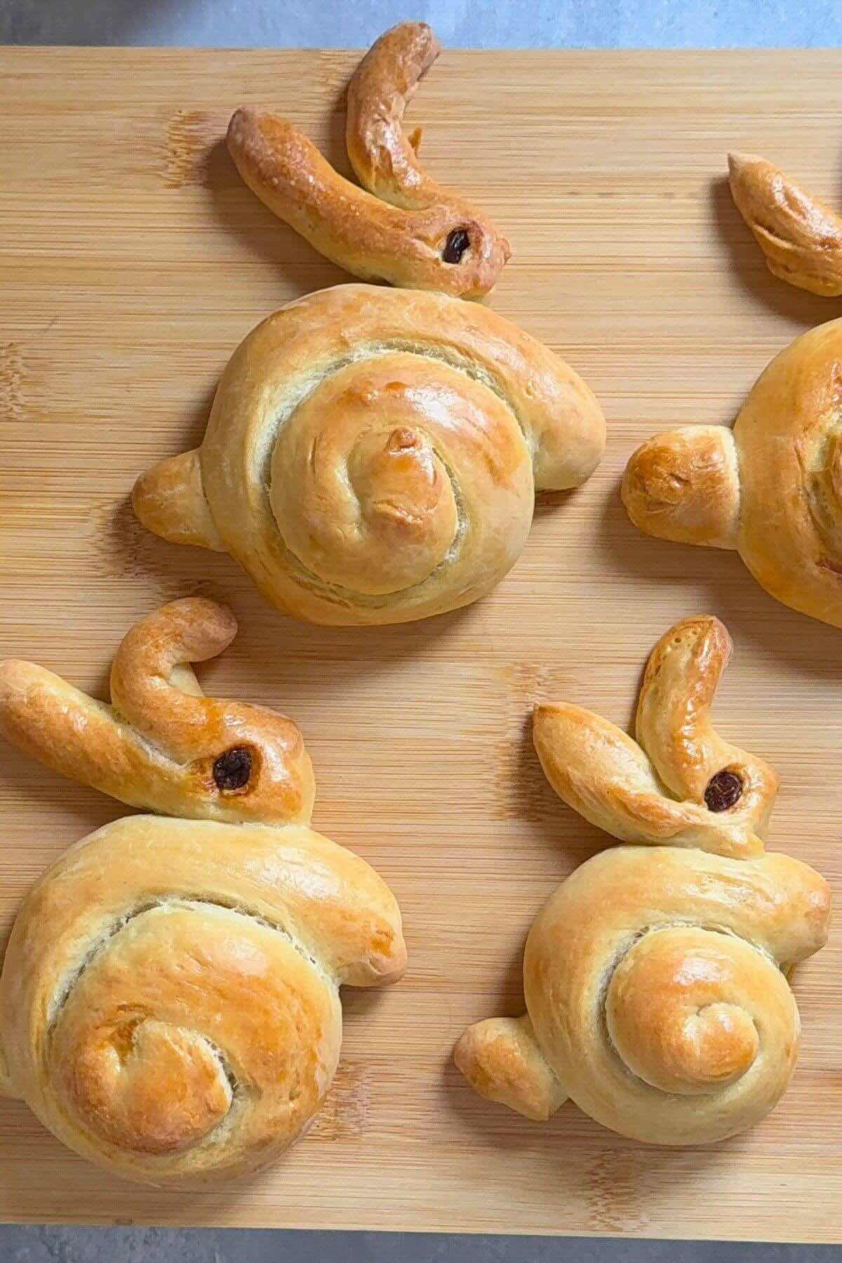 Bunnies brushed with egg wash, baked until golden brown and puffed.