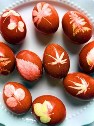 Romanian naturally dyed Easter eggs with leaf prints on white plate, deep burgundy red tones.