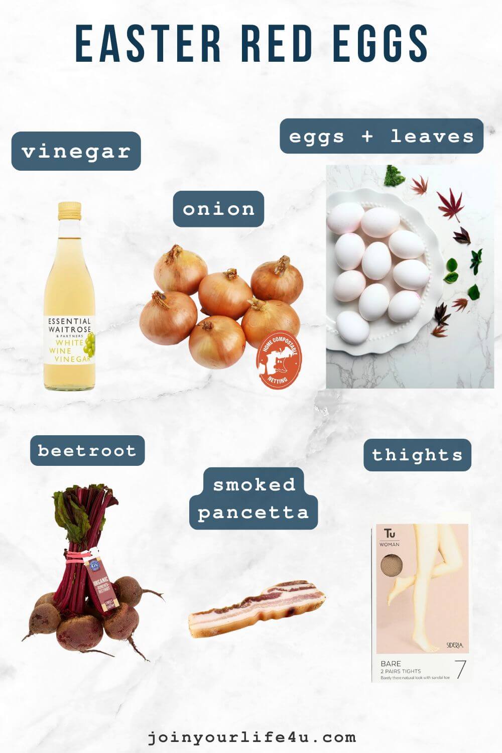 Eggs, leaves, onion peels, beetroots, vinegar, smoked ham, individually displayed on a table.