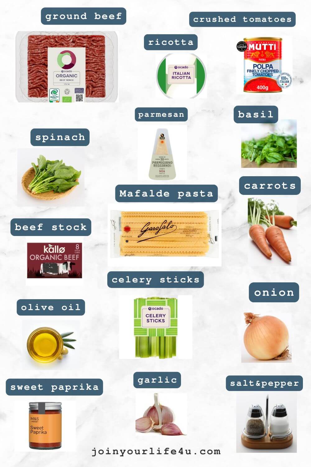 Olive oil, onion, carrots, celery, ground beef, garlic, tomatoes, pasta, spinach, ricotta, basil, individually displayed on a table.