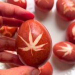 Naturally dyed red Easter egg with Japanese maple leaf print pattern on burgundy shell.