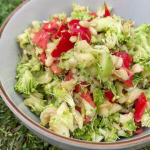 Crunchy broccoli apple salad with honey mustard dressing in a bowl.