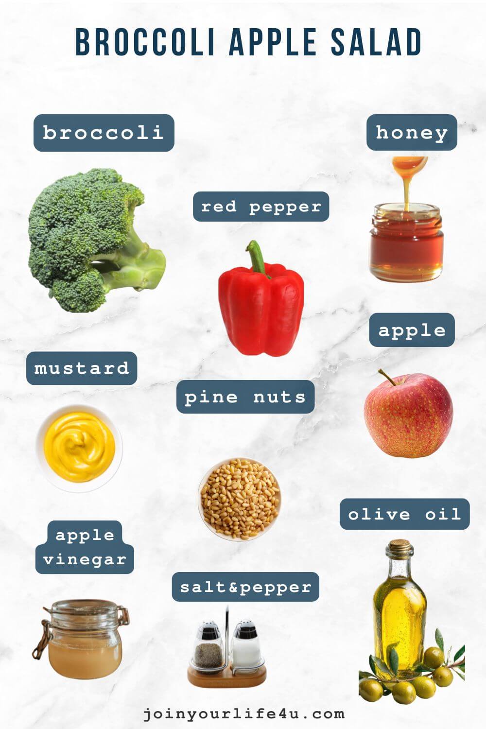 Broccoli, red bell pepper, apple, pine nuts, olive oil, apple cider vinegar, honey, mustard, individually displayed on a table.