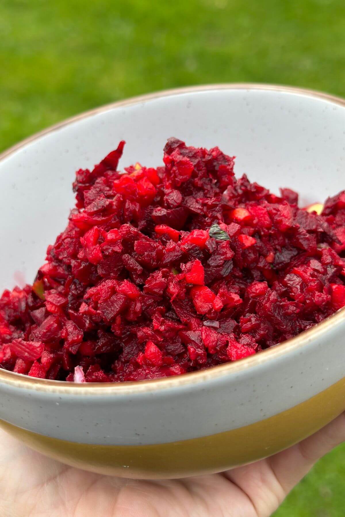 Simple beetroot salad with apple and carrot in a bowl with fresh herbs.