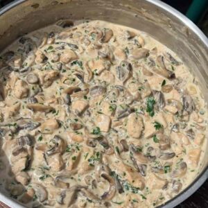 Chicken mushroom sour cream stew in skillet.