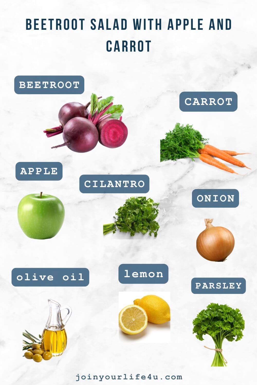 Beetroot, carrots, onion, green apple, cilantro, parsley, olive oil, lemon juice, individually displayed on a table.