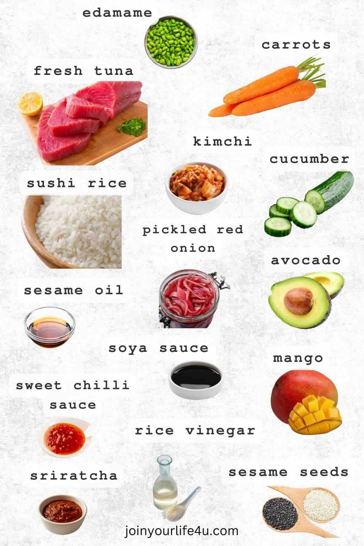 Tuna, sushi rice, avocado, edamame, carrots, cucumber, mango, red onion, individually displayed on a table.