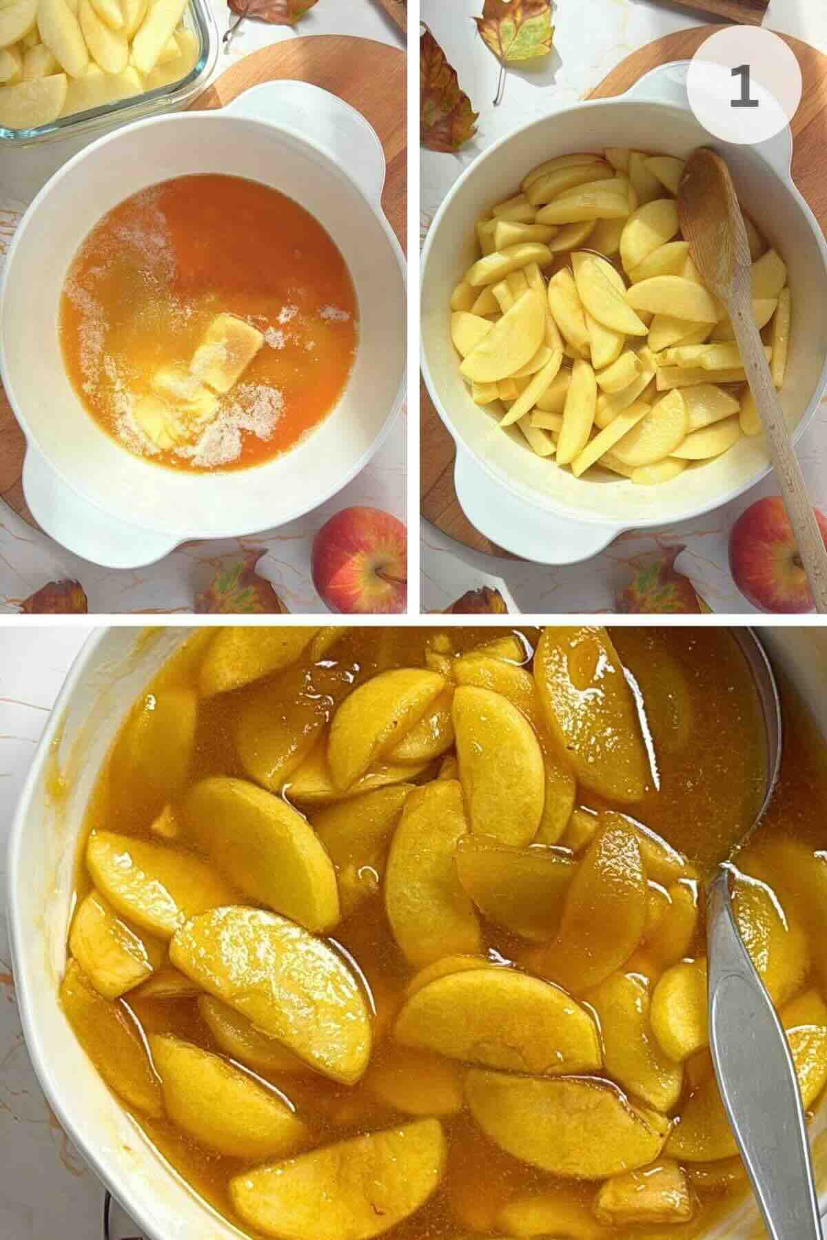 Apple wedges simmering in maple butter sauce with a cinnamon stick in a skillet.