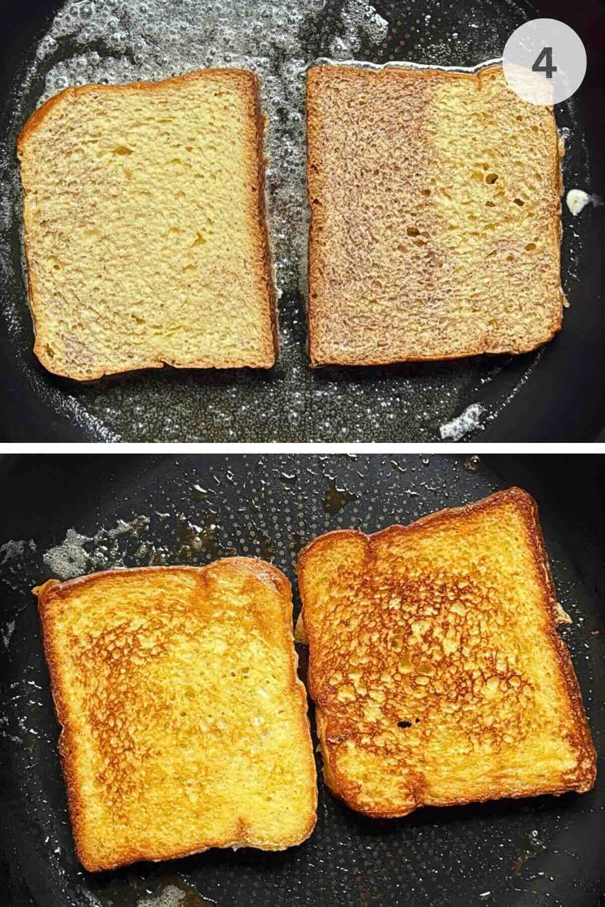Golden brioche French toast slices frying in butter in a large pan.