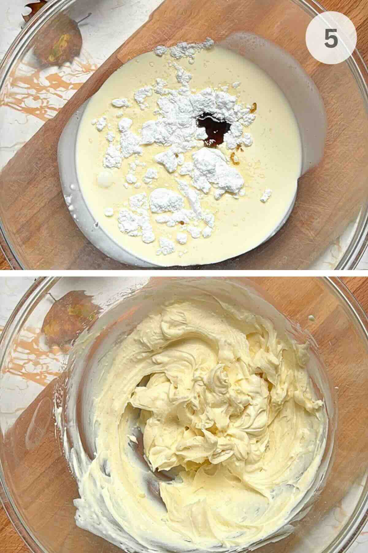 Soft-peaked vanilla bean whipped cream in a bowl with a whisk.