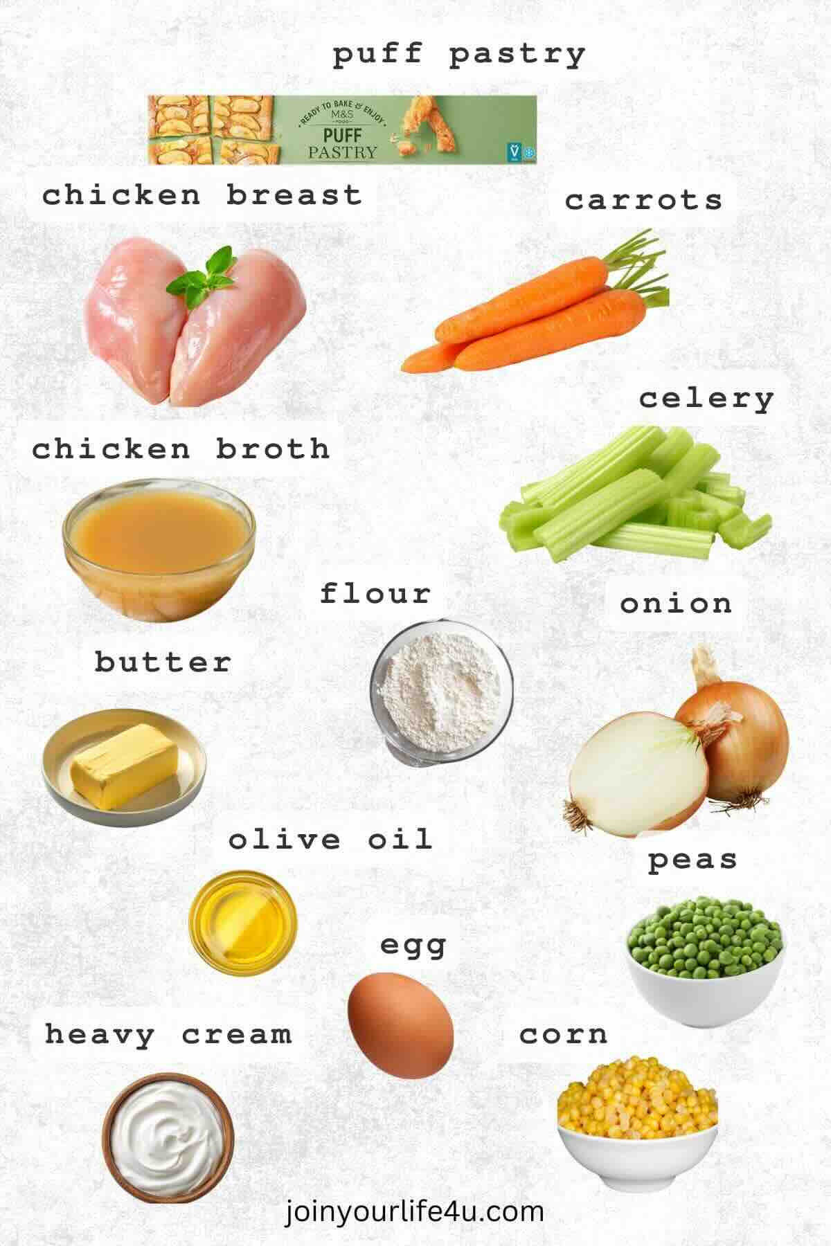 Chicken, olive oil, butter, carrots, celery, onions, peas, corn, cream, flour, puff pastry, egg, individually displayed on a table.